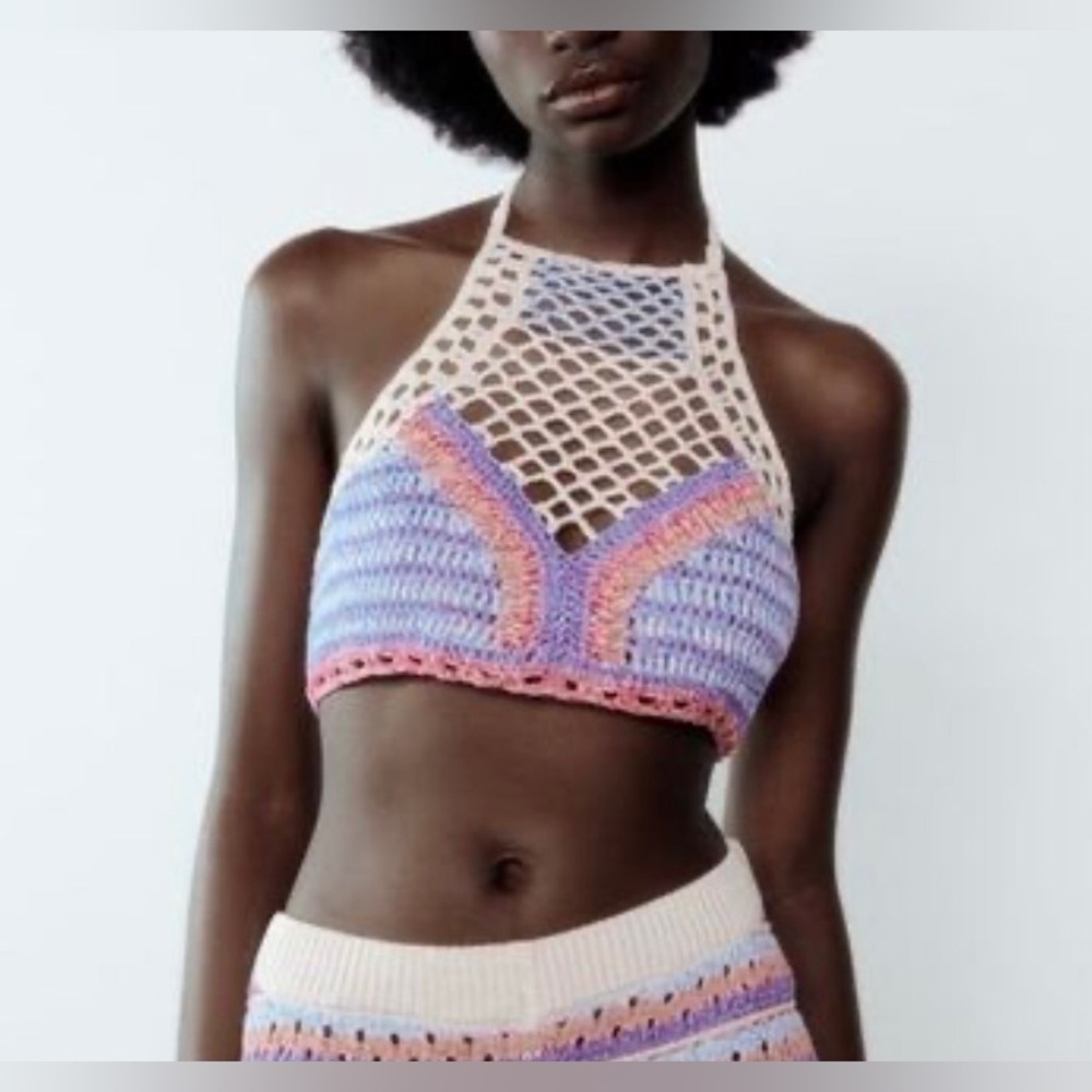 ZARA|Boho crotchet two piece bikini set in floral neutral tan & colorful top,NWT - Picture 16 of 16